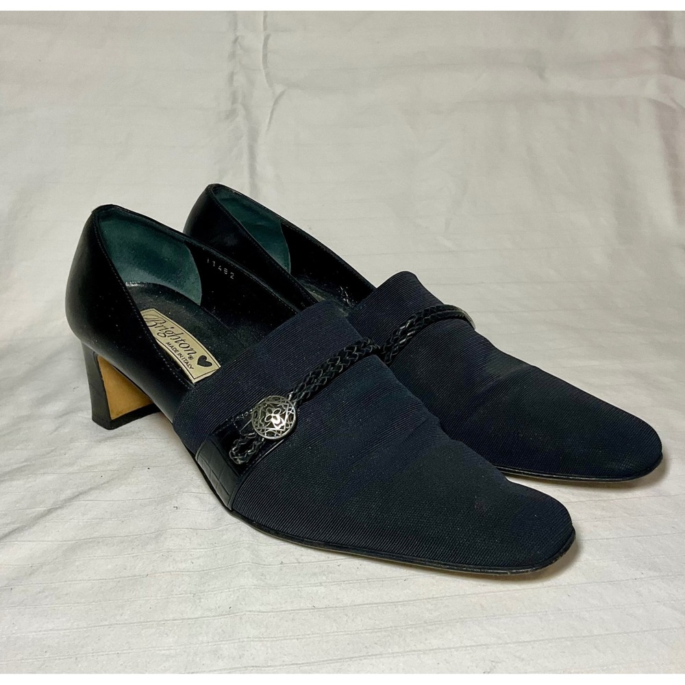 Brighton Quincy Black Leather Fabric Accent Block Heel Dress Shoes Women 8.5